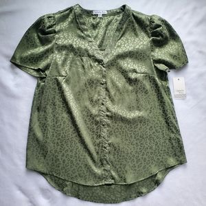 NWT Olive Green Leopard Print Ophelia Roe Blouse Puff Sleeve